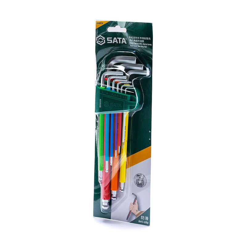Bộ lục giác đầu bi, thân dài, bọc nhựa chống trượt 9 chi tiết SATA 09101CH kích thước từ 1.5mm - 10mm