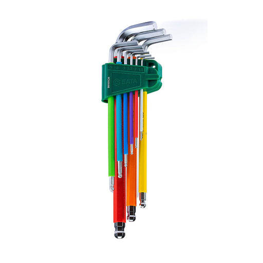 Bộ lục giác đầu bi SATA 9 chi tiết, thân dài, bọc nhựa chống trượt, kích thước 1.5-10mm.