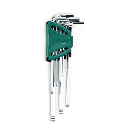 Bộ lục giác đầu bi thân dài 9 chi tiết SATA 09101, hệ mét 1.5-10mm, đầu bi nghiêng 25°, thép Cr-V mạ chrome, giá đỡ nylon.