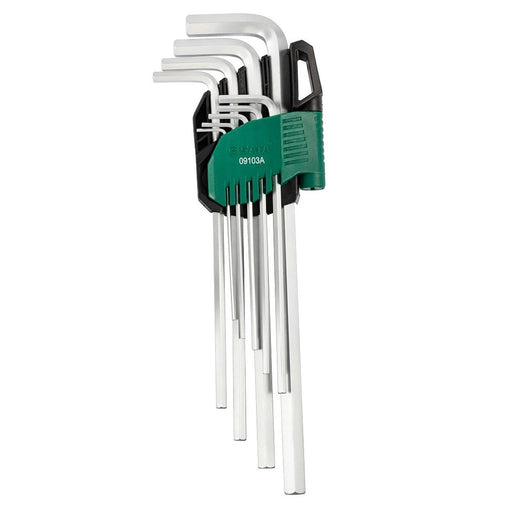 Bộ lục giác cán dài SATA 09103A hệ mét 9 chi tiết 1.5-10mm, thép Cr-V mạ chrome chống gỉ.