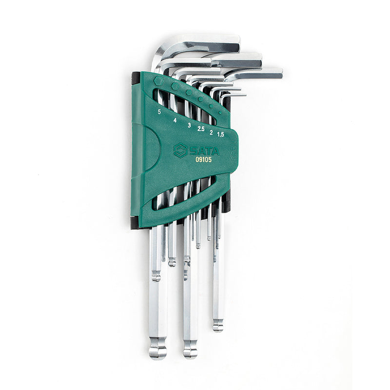 Bộ lục giác đầu bi SATA 09105 9 chi tiết, thân dài, kích thước 1.5mm-10mm, thép Cr-V cao cấp, chống gỉ, dễ thao tác góc nghiêng.