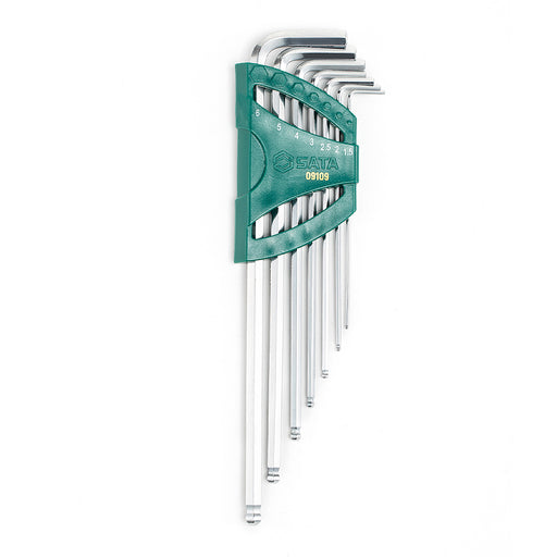 Bộ lục giác đầu bi SATA 09109 thân dài 7 chi tiết 1.5-6mm, vật liệu SVCM+, mạ Crom, thiết kế cánh bướm.