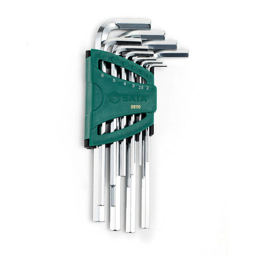 Bộ lục giác hệ mét 10 chi tiết SATA 09110, 2mm-10mm, thép SVCM+, mạ chrome, tay dài, giá đỡ cánh bướm.