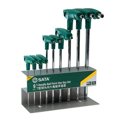 Bộ lục giác đầu bi SATA 09117 9 chi tiết tay cầm chữ T, thép SVCM+ cao cấp, 2mm-10mm, chống trượt, gỉ sét, dầu mỡ, giá đỡ kim loại.