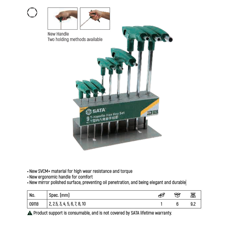 Bộ lục giác tay cầm chữ T, 9 chi tiết SATA 09118 kích thước từ 2mm - 10mm
