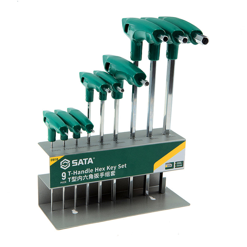 Bộ lục giác tay cầm chữ T SATA 09118 9 chi tiết 2-10mm, thép SVCM+ cao cấp, đánh bóng gương, tay cầm công thái học chống trượt.