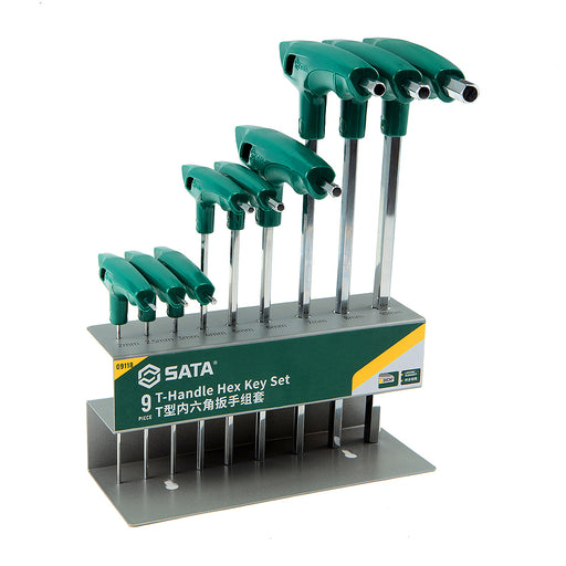 Bộ lục giác tay cầm chữ T SATA 09118 9 chi tiết 2-10mm, thép SVCM+ cao cấp, đánh bóng gương, tay cầm công thái học chống trượt.