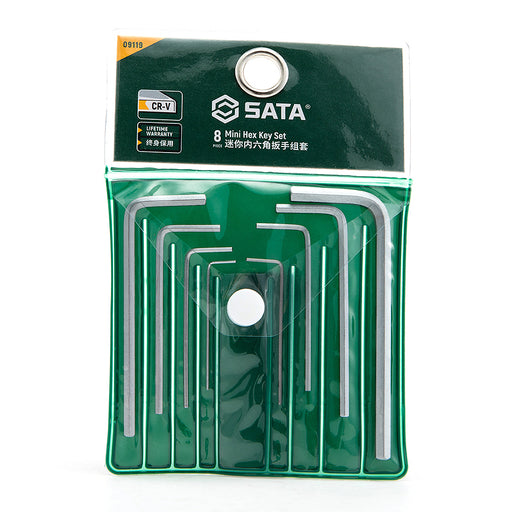 Bộ lục giác mini 8 chi tiết SATA 09119 kích thước 0.7mm-4mm, thép Cr-V, đầu lục giác chữ L, lý tưởng cho cơ khí chính xác và điện tử.