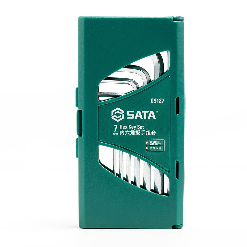 Bộ lục giác hệ mét SATA 09127 7 chi tiết 1.5-6mm, thép hợp kim SVCM+, mạ chrome, dạng ngắn, giá đỡ nhựa.