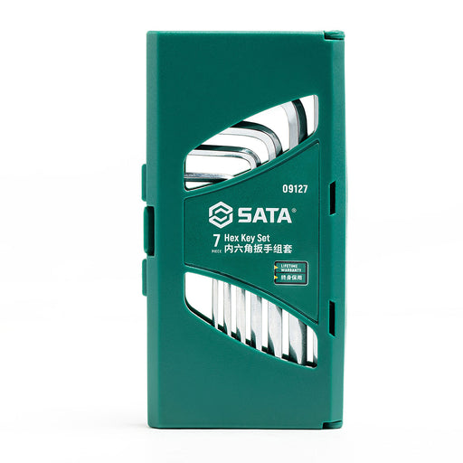 Bộ lục giác hệ mét SATA 09127 7 chi tiết 1.5-6mm, thép hợp kim SVCM+, mạ chrome, dạng ngắn, giá đỡ nhựa.