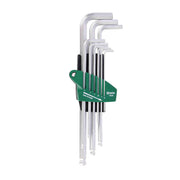 Bộ lục giác đầu bi siêu dài SATA 09128 9 chi tiết hệ mét 1.5-10mm, thép Cr-V, mạ chrome mờ, gia công CNC, giá đỡ trượt.