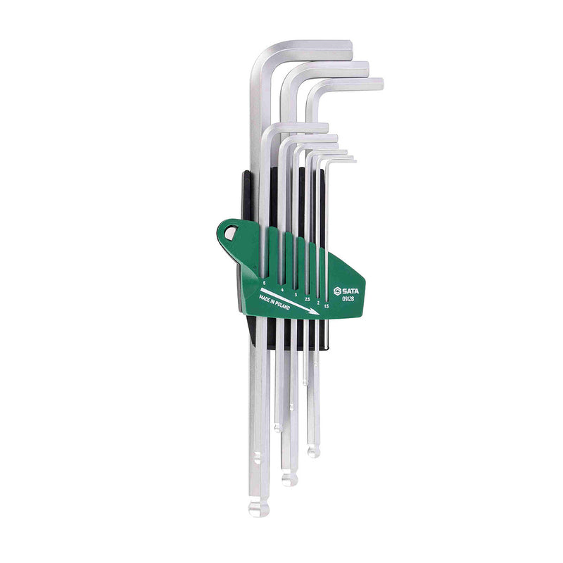 Bộ lục giác đầu bi siêu dài SATA 09128 9 chi tiết hệ mét 1.5-10mm, thép Cr-V, mạ chrome mờ, gia công CNC, giá đỡ trượt.