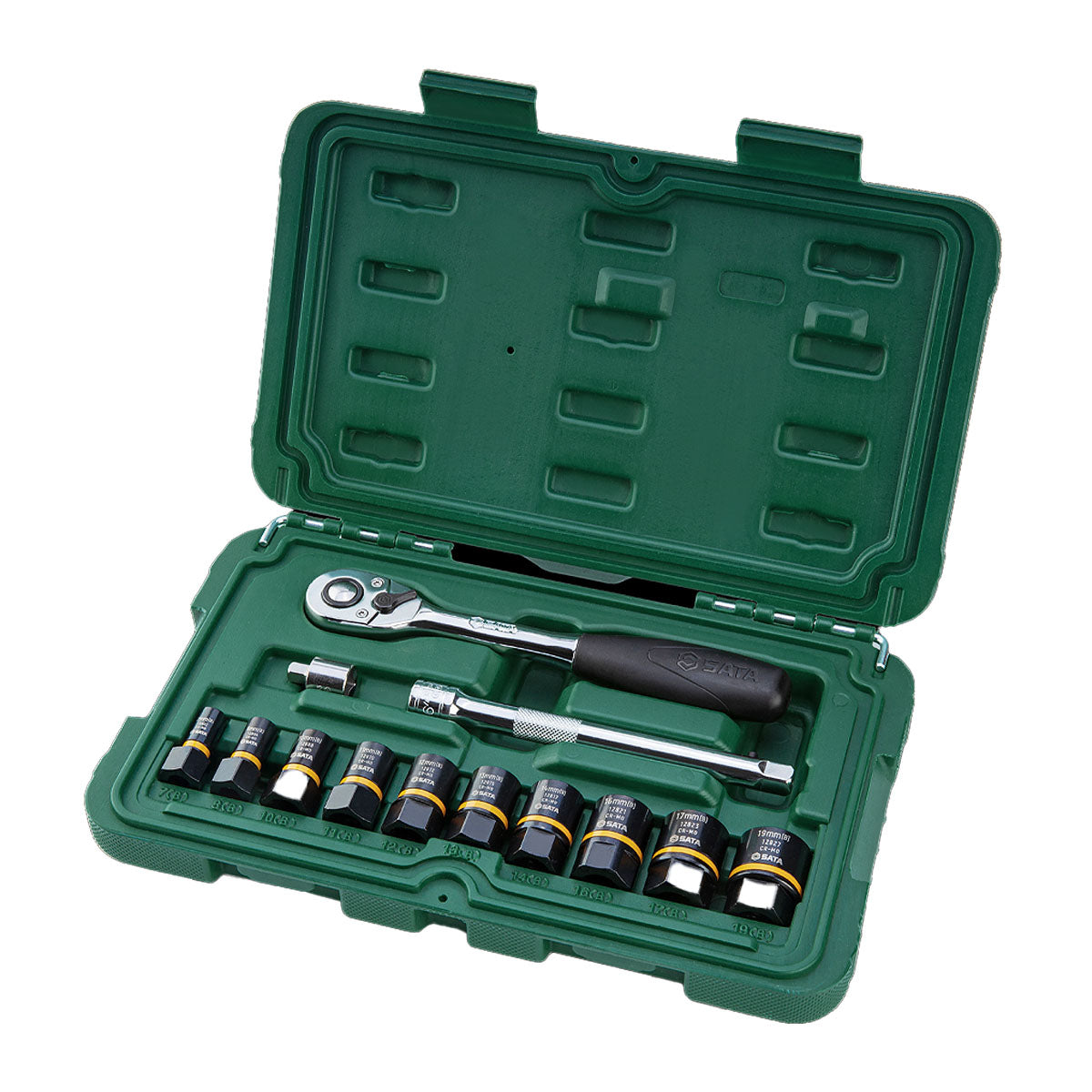 Bộ đầu tuýp mở bu lông gỉ sét, tròn cạnh 13 chi tiết SATA 09137 cốt 1/4 inch - 3/8 inch