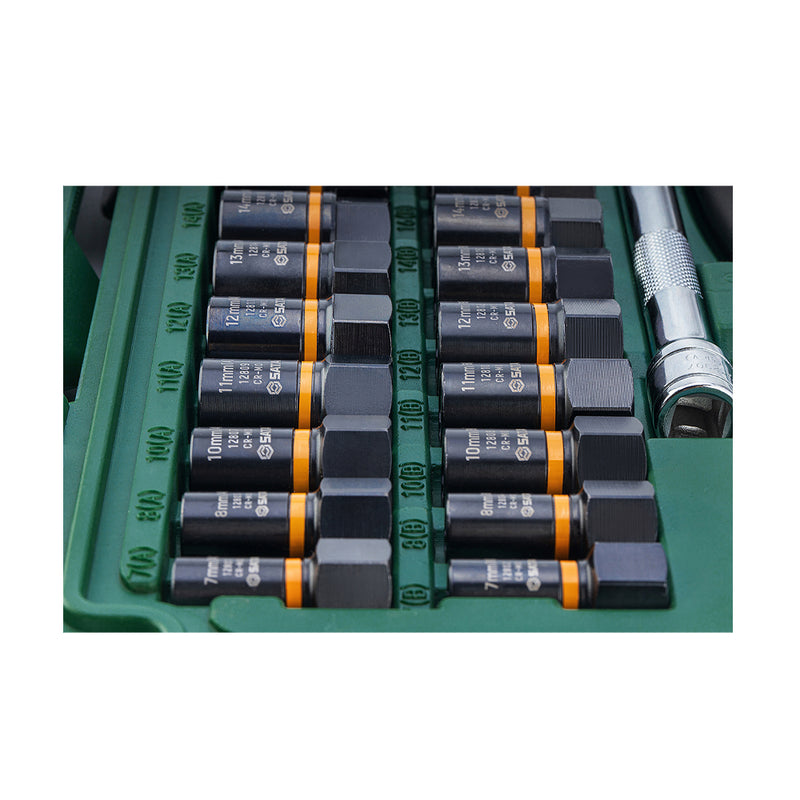 Bộ đầu tuýp tháo ốc hoen gỉ, tròn đầu, kèm cần siết 23 chi tiết SATA 09138 cốt 1/4 inch và 3/8 inch