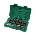 Bộ đầu tuýp tháo ốc hoen gỉ SATA 09138 23 chi tiết cốt 1/4 & 3/8 inch BoltBiter, thép Cr-Mo, oxide đen, hộp nhựa