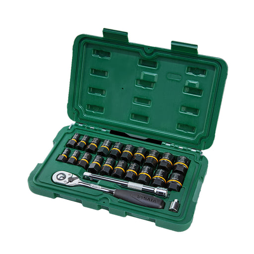 Bộ đầu tuýp tháo ốc hoen gỉ SATA 09138 23 chi tiết cốt 1/4 & 3/8 inch BoltBiter, thép Cr-Mo, oxide đen, hộp nhựa