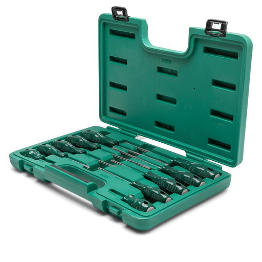 Bộ tua vít 10 chi tiết SATA 09304E trong hộp nhựa xanh, gồm tua vít bake và dẹp, tay cầm acetate, đầu từ tính.