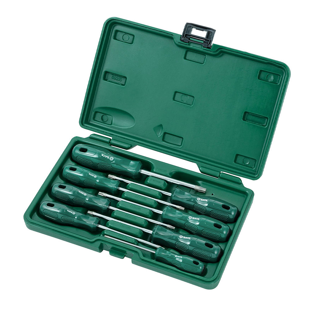 Bộ tua vít đầu sao 8 chi tiết SATA 09305 Torx T8-T40, thép Cr-V, tay cầm chống trượt, hộp nhựa.