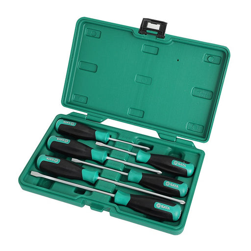 Bộ tua vít tổng hợp 6 chi tiết SATA 09309, bao gồm 3 tua vít dẹp và 3 tua vít bake, chất liệu Cr-V, tay cầm cao su hai lớp, có hộp đựng.