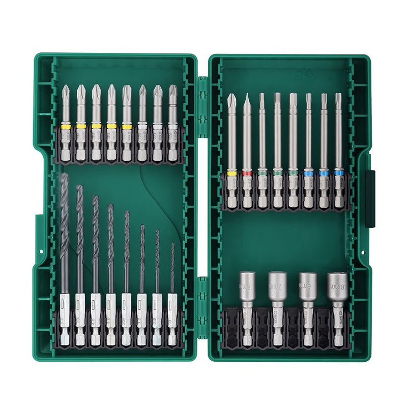 Bộ phụ kiện mũi vít & mũi khoan sắt 28 chi tiết SATA 09336 cốt 6.35mm, chất liệu thép S2 dùng cho máy bắn vít