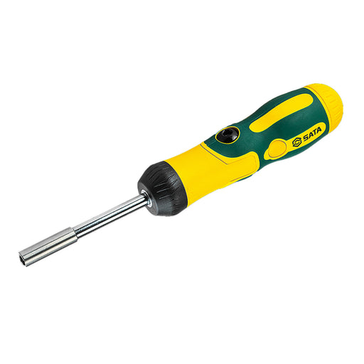 Tua vít gập đa năng tự động 6 trong 1 SATA 09349: 6 mũi vít, cơ cấu bánh cóc 20 răng, tay cầm gập 90°, tích hợp đầu vít.