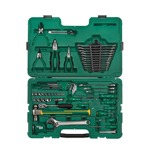 Bộ dụng cụ sửa chữa cơ khí chuyên nghiệp 58 chi tiết SATA 09516 bao gồm nhiều loại dụng cụ cầm tay chất lượng cao như đầu tuýp, cờ lê, tua vít, kìm, búa, dụng cụ đo lường... Phù hợp cho nhiều nhu cầu sửa chữa.