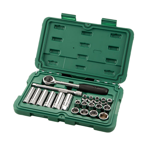 Bộ đầu tuýp 22 chi tiết SATA 09524 cốt 3/8 inch đa năng, thép Cr-V, có cần siết tự động và hộp đựng.
