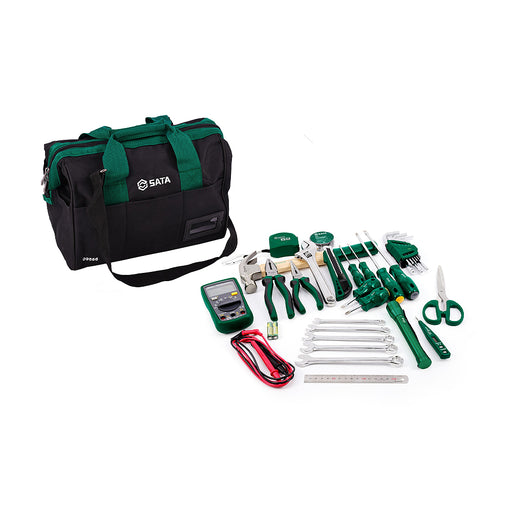 Bộ dụng cụ sửa chữa 32 chi tiết SATA 09556 bao gồm túi đựng, đồng hồ vạn năng, cờ lê, kìm, tua vít, lục giác, búa, dao rọc giấy, thước, bút thử điện, đèn pin, kéo, băng keo cách điện.