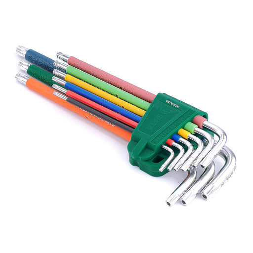Bộ lục giác đầu sao Torx T10-T50 SATA 09702CH tay dài, có lỗ, 9 chi tiết, nhiều màu sắc, chống trượt.