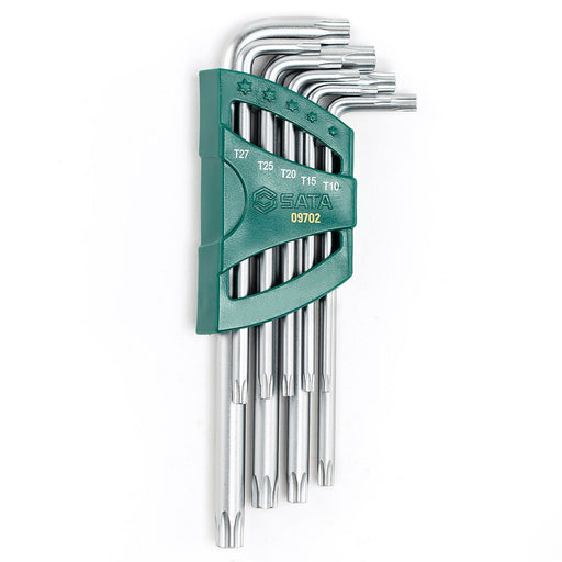 Bộ lục giác đầu sao SATA 09702, 9 chi tiết, cỡ T10-T50, thép S2, mạ chrome, tay dài, có lỗ bảo mật.
