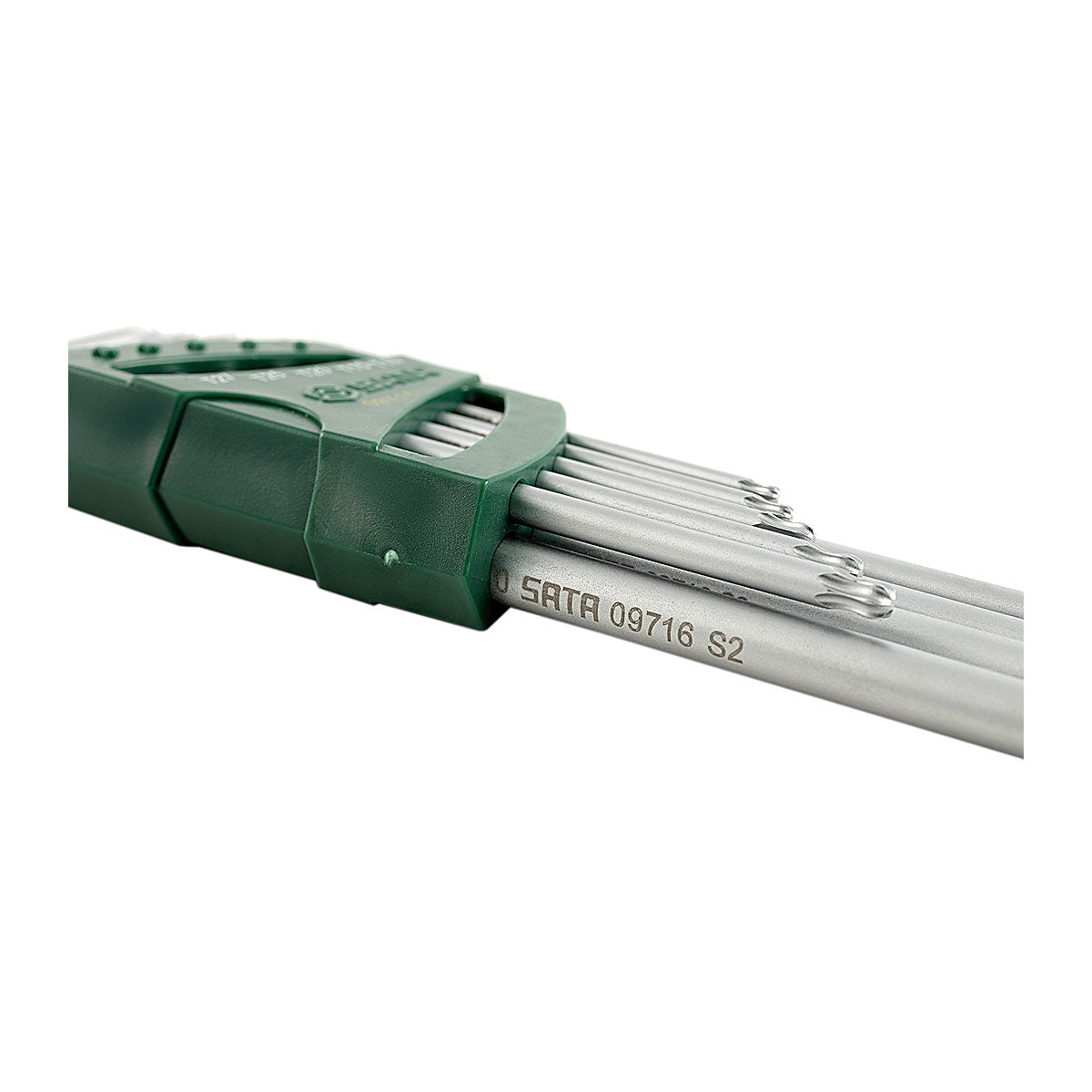 Bộ lục giác sao có đầu bi 9 chi tiết SATA 09716, vật liệu thép S2 mạc chrome mờ, loại siêu dài