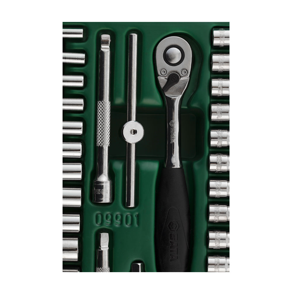 Bộ khay đầu tuýp, kèm cần siết tự động 66 chi tiết SATA 09901 cốt 1/4 inch