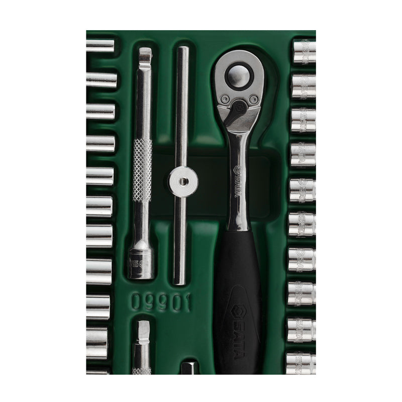 Bộ khay đầu tuýp, kèm cần siết tự động 66 chi tiết SATA 09901 cốt 1/4 inch