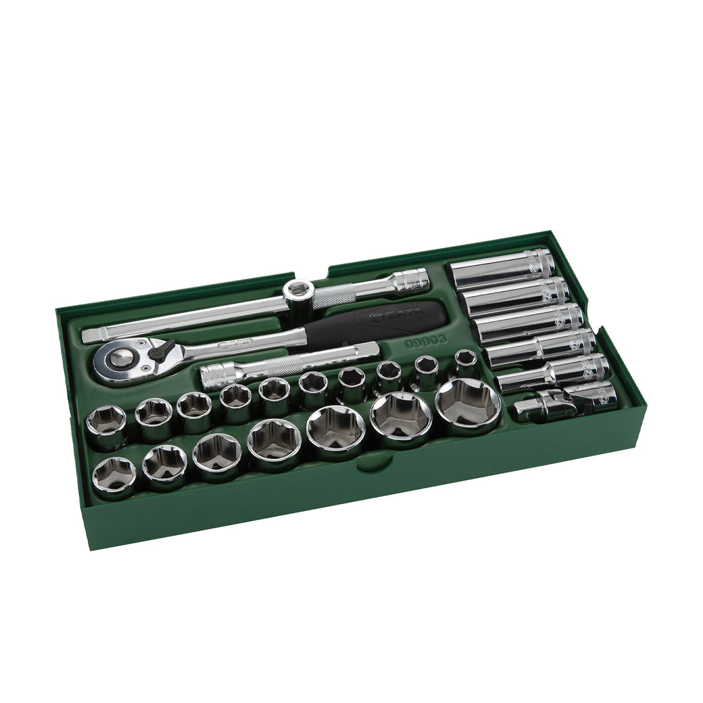Bộ khay đầu tuýp, kèm cần siết tự động 27 chi tiết SATA 09903 cốt 1/2 inch