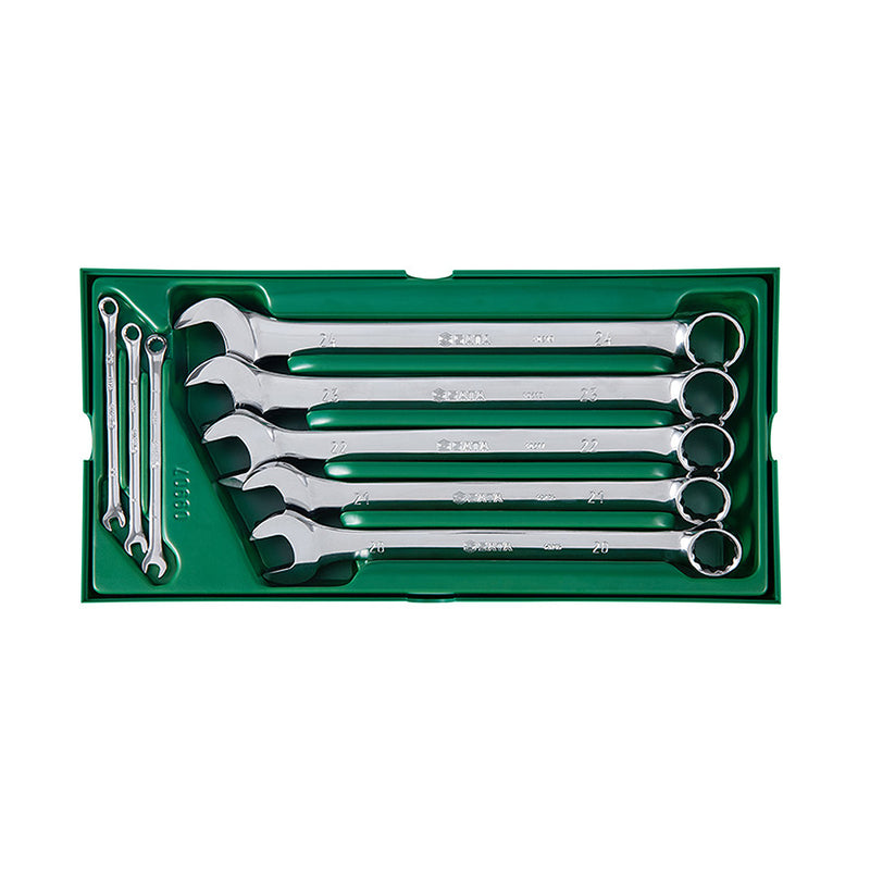 Bộ khay cờ lê vòng miệng hệ mét 8 chi tiết SATA 09907, kích thước 5.5mm - 24mm, thép Cr-V, mạ chrome.