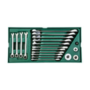 Bộ khay cờ lê vòng miệng tự động SATA 19 chi tiết hệ mét 5.5-27mm, thép Cr-V, mạ chrome, đầu vòng 12 cạnh tự động 5°.