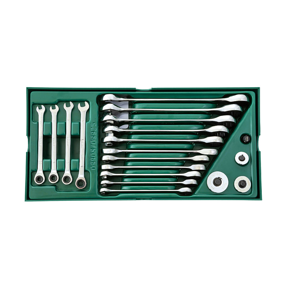 Bộ khay cờ lê vòng miệng tự động SATA 19 chi tiết hệ mét 5.5-27mm, thép Cr-V, mạ chrome, đầu vòng 12 cạnh tự động 5°.