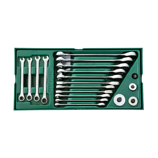 Bộ khay cờ lê vòng miệng tự động SATA 19 chi tiết hệ mét 5.5-27mm, thép Cr-V, mạ chrome, đầu vòng 12 cạnh tự động 5°.
