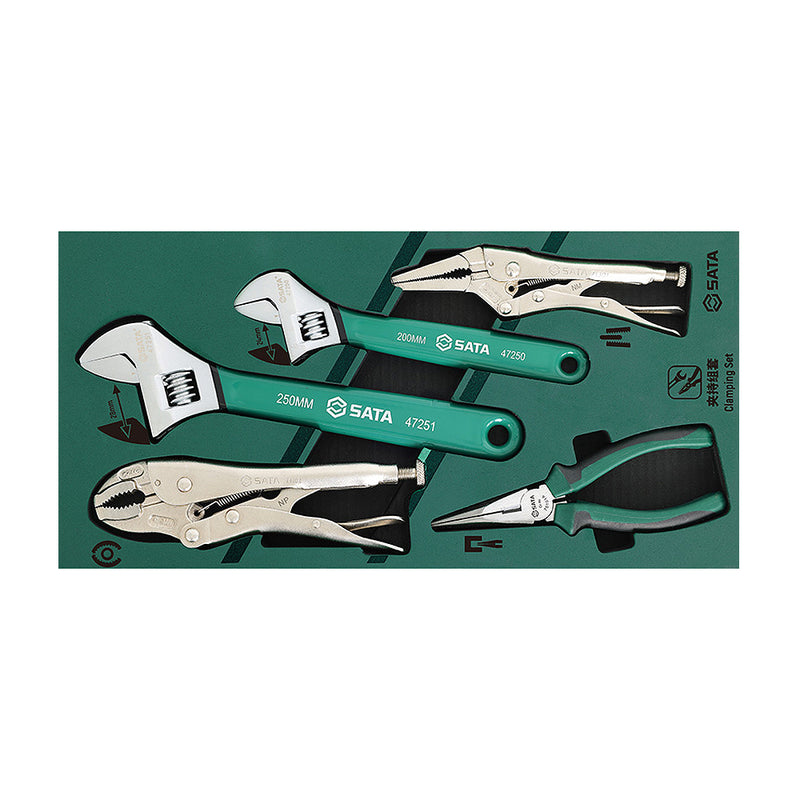 Bộ 5 chi tiết mỏ lết kìm SATA 09909A: kìm nhọn, kìm bấm chết, mỏ lết CR-V trong khay EVA.