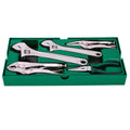 Bộ khay mở lết và kìm 5 chi tiết SATA 09909: 2 mỏ lết, 3 kìm các loại, thép Cr-V, mạ Chrome.