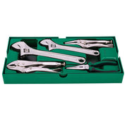 Bộ khay mở lết và kìm 5 chi tiết SATA 09909: 2 mỏ lết, 3 kìm các loại, thép Cr-V, mạ Chrome.