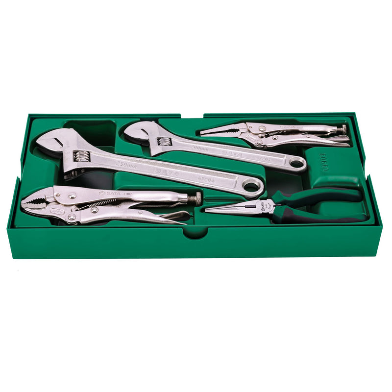 Bộ khay mở lết và kìm 5 chi tiết SATA 09909: 2 mỏ lết, 3 kìm các loại, thép Cr-V, mạ Chrome.