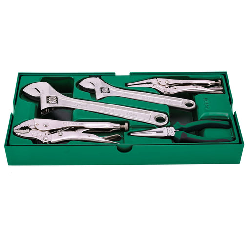 Bộ khay mở lết và kìm 5 chi tiết SATA 09909: 2 mỏ lết, 3 kìm các loại, thép Cr-V, mạ Chrome.
