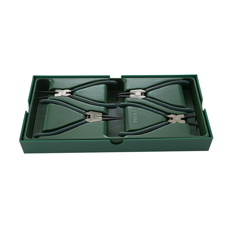 Bộ kìm mở phe 4 chi tiết SATA 09911, thép Cr-V, mạ đen Oxide, tay cầm nhựa, mở phe Ø19-60mm