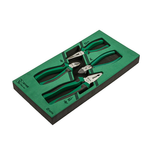 Bộ kìm kết hợp 4 chi tiết SATA 09912A: kìm bằng, kìm mũi nhọn, kìm cắt, kìm cắt nhựa, thép Cr-V, tay cầm chống trượt, khay EVA.