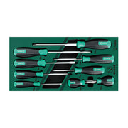 Bộ tua vít 9 chi tiết SATA 09913A: 5 dẹp, 4 bake, lưỡi Cr-V, tay cầm T-Series chống trượt, khay EVA.