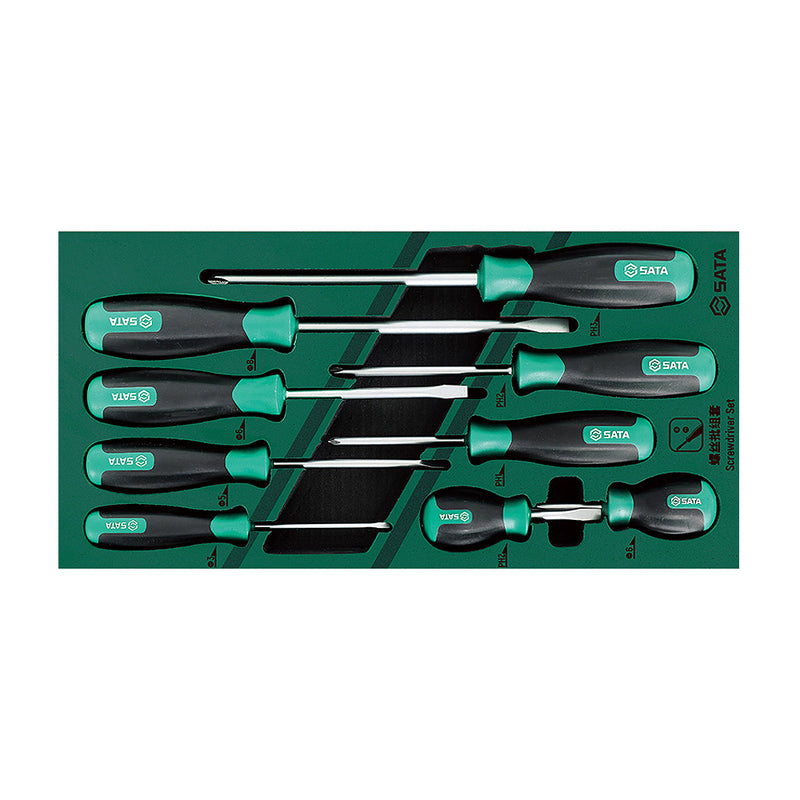 Bộ tua vít 9 chi tiết SATA 09913A: 5 dẹp, 4 bake, lưỡi Cr-V, tay cầm T-Series chống trượt, khay EVA.