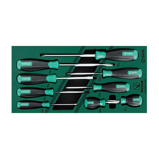 Bộ tua vít 9 chi tiết SATA 09913A: 5 dẹp, 4 bake, lưỡi Cr-V, tay cầm T-Series chống trượt, khay EVA.