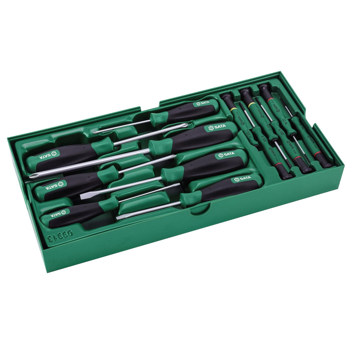 Bộ khay tua vít 13 chi tiết SATA 09913: tua vít điện tử, tua vít T-Series, thép Cr-V, mạ Chrome, chống trượt