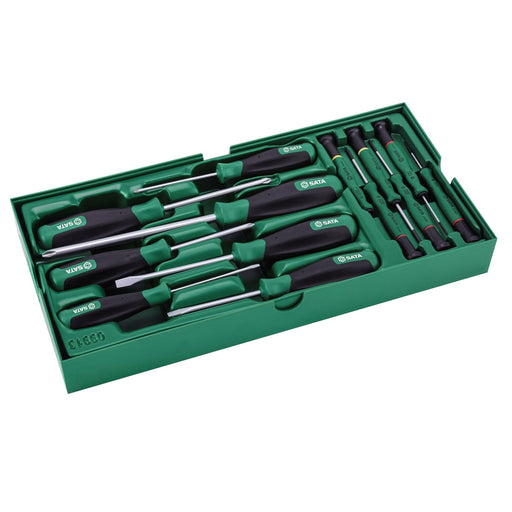 Bộ khay tua vít 13 chi tiết SATA 09913: tua vít điện tử, tua vít T-Series, thép Cr-V, mạ Chrome, chống trượt